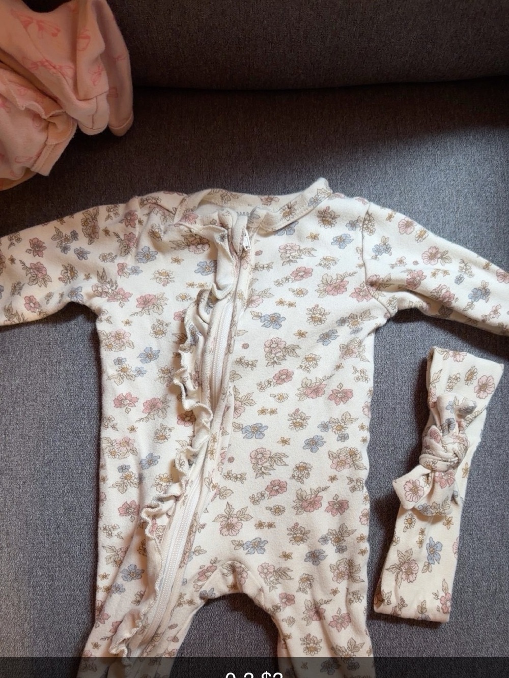 Cream Floral Ruffle Zip One-Piece with Headband - Kids